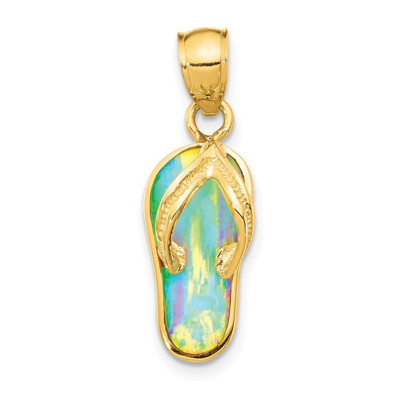 Polierter 3D-Flip-Flop-Anhänger aus 14K Gelbgold mit synthetischem Weißopal