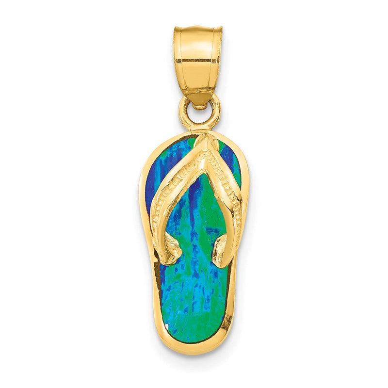 14K Gelbgold Polierter 3D-Flip-Flop-Anhänger mit synthetischem blauem Opal