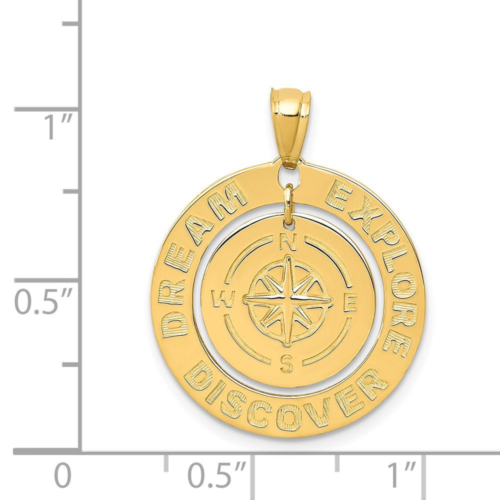 14K Gelbgold Polierter „Träume Entdecken Erforschen" Anhänger mit Kompass