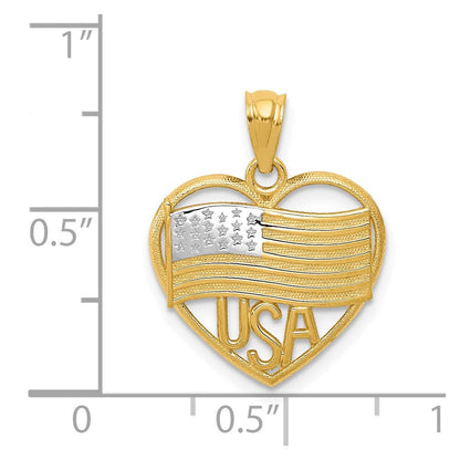 14K Gelb & Rhodium mit Rhodium Poliert American Flag Usa in Herz Anhänger