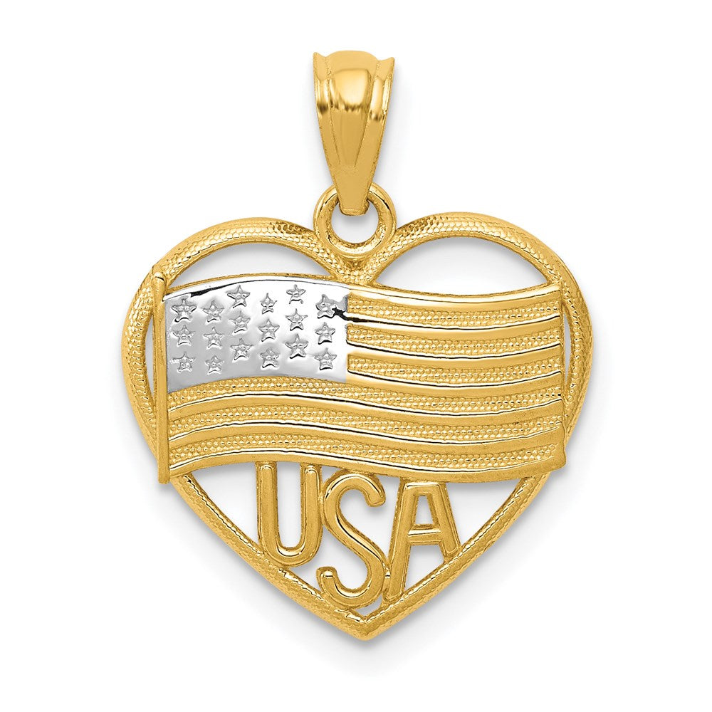 14K Gelb & Rhodium mit Rhodium Poliert American Flag Usa in Herz Anhänger