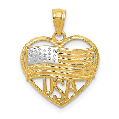 14K Gelb & Rhodium mit Rhodium Poliert American Flag Usa in Herz Anhänger