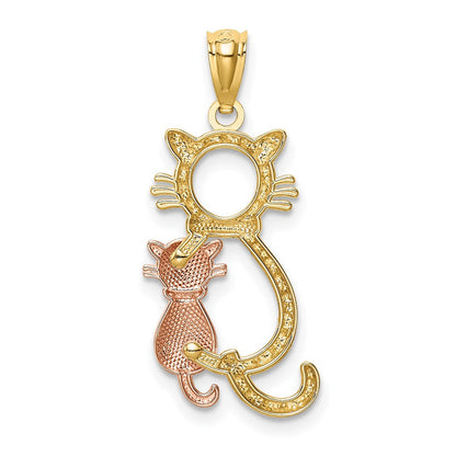 14K Bicolor Gelb und Rose Poliert Diamantiert Sitting Cats Anhänger