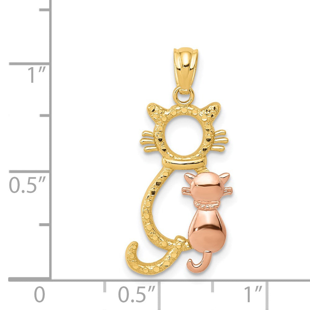 14K Bicolor Gelb und Rose Poliert Diamantiert Sitting Cats Anhänger
