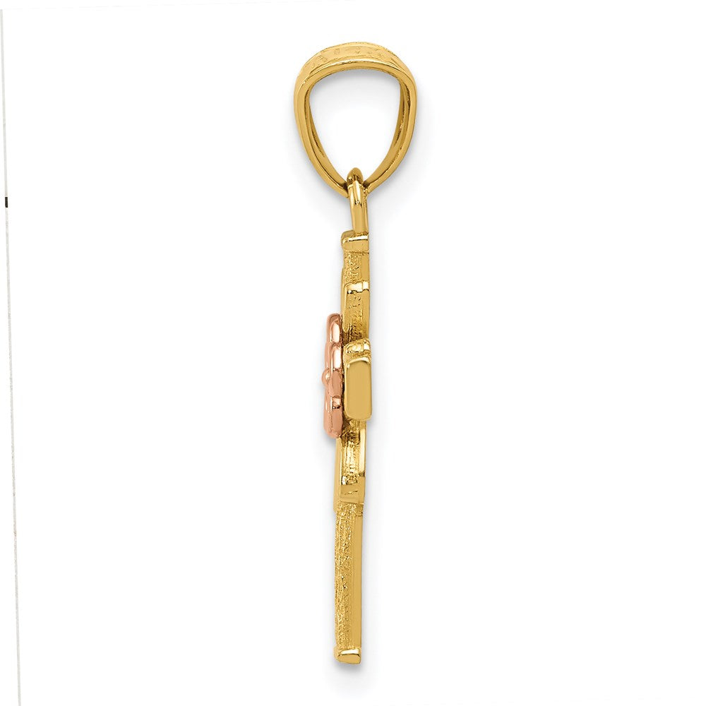 14K Bicolor Poliert Diamantiert Kreuz mit Blume Anhänger