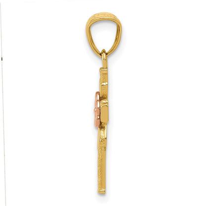 14K Bicolor Poliert Diamantiert Kreuz mit Blume Anhänger