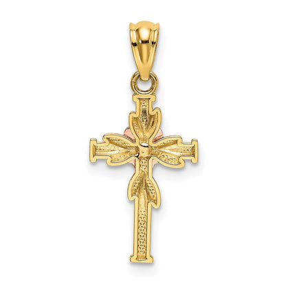 14K Bicolor Poliert Diamantiert Kreuz mit Blume Anhänger