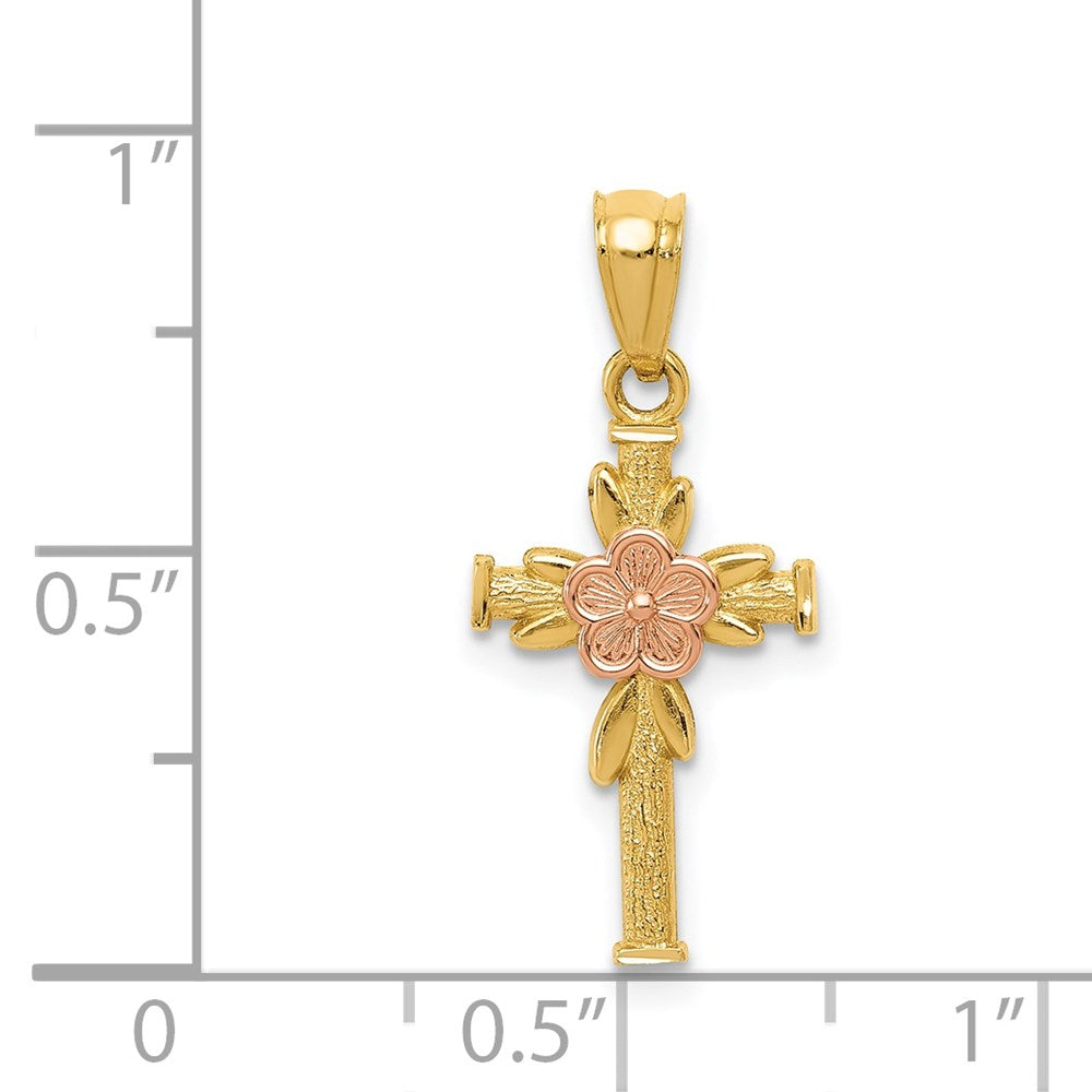 14K Bicolor Poliert Diamantiert Kreuz mit Blume Anhänger