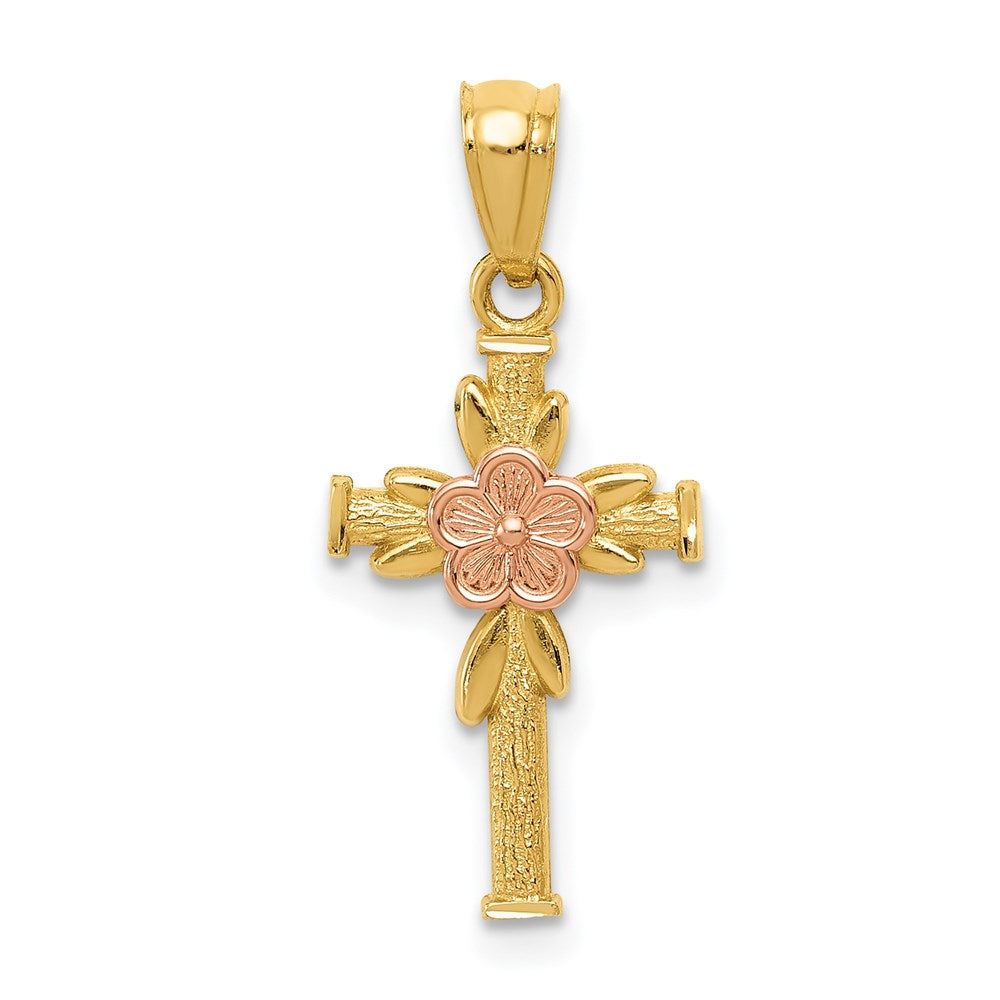 14K Bicolor Poliert Diamantiert Kreuz mit Blume Anhänger