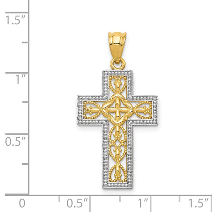 14K Gelb- und Rhodiumgold mit Weißrhodium, polierter Filigran-Kreuzanhänger