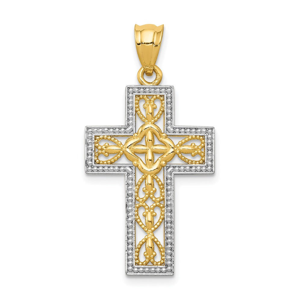 14K Gelb- und Rhodiumgold mit Weißrhodium, polierter Filigran-Kreuzanhänger