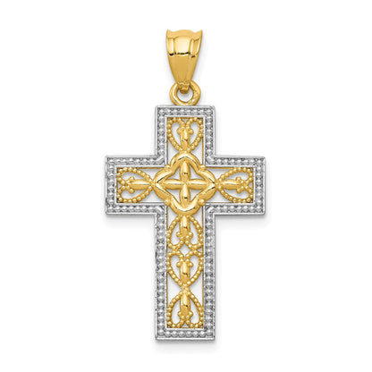 14K Gelb- und Rhodiumgold mit Weißrhodium, polierter Filigran-Kreuzanhänger