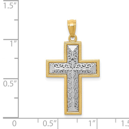 14K Bicolor Gold Polierter Filigran-Kreuzanhänger