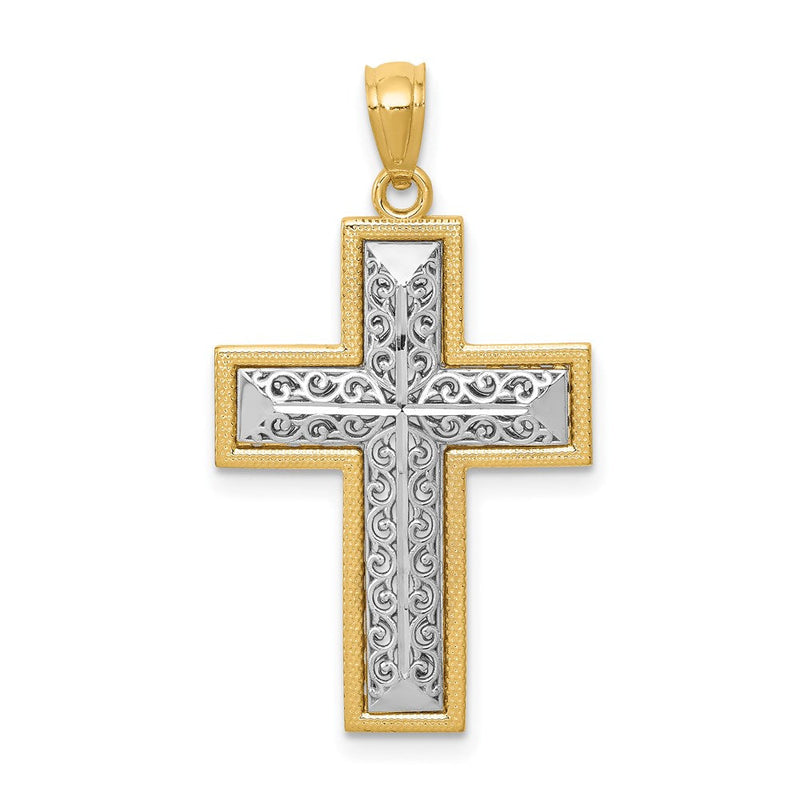 14K Bicolor Gold Polierter Filigran-Kreuzanhänger