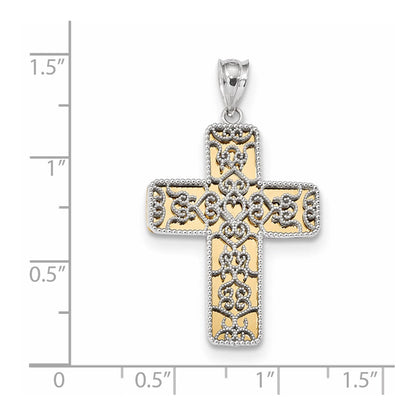 14K Bicolor Gold Polierter Filigran-Kreuz-Anhänger
