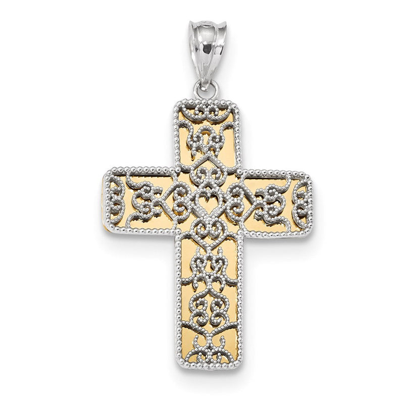 14K Bicolor Gold Polierter Filigran-Kreuz-Anhänger