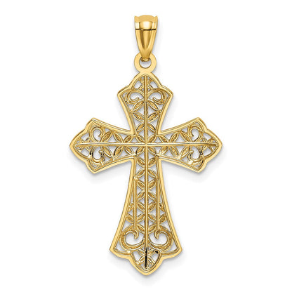 14K Gelb & Rhodium mit Rhodium Poliert Diamantiert Filigran Kreuz Anhänger