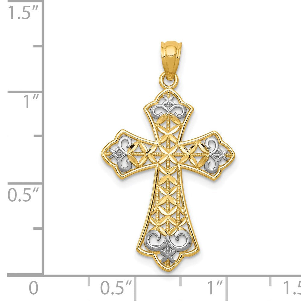 14K Gelb & Rhodium mit Rhodium Poliert Diamantiert Filigran Kreuz Anhänger
