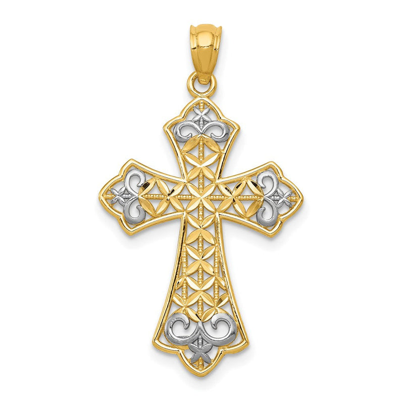 14K Gelb & Rhodium mit Rhodium Poliert Diamantiert Filigran Kreuz Anhänger