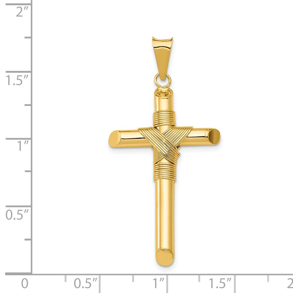 14K Gelbgold Kreuzanhänger, poliert, mit Röhren-Wickeldesign in der Mitte