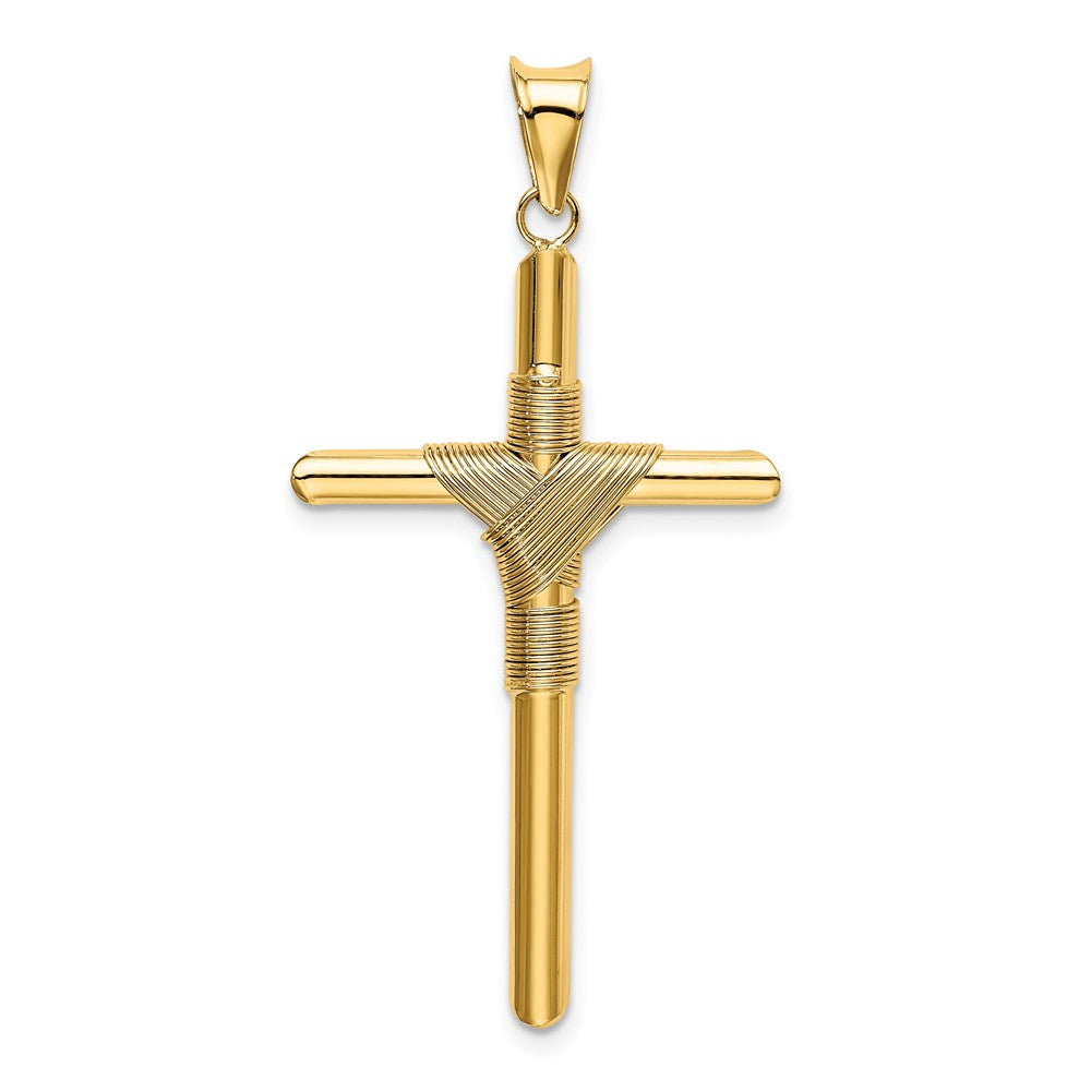 Kreuzanhänger aus 14K Gelbgold, poliert, mit Röhren-Wickeldesign in der Mitte