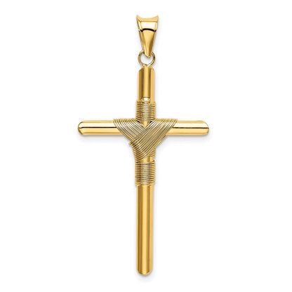 Kreuzanhänger aus 14K Gelbgold, poliert, mit Röhren-Wickeldesign in der Mitte