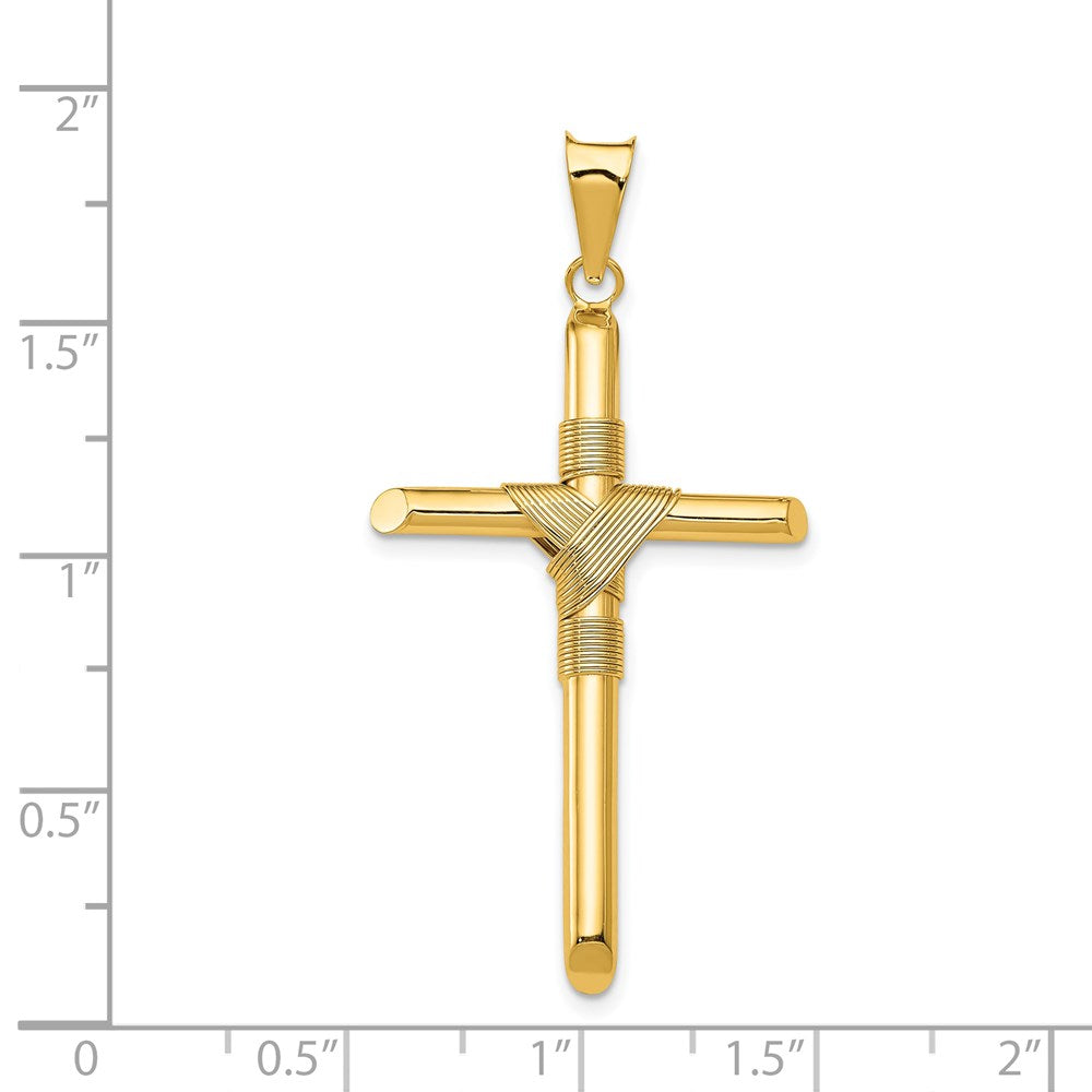 Kreuzanhänger aus 14K Gelbgold, poliert, mit Röhren-Wickeldesign in der Mitte