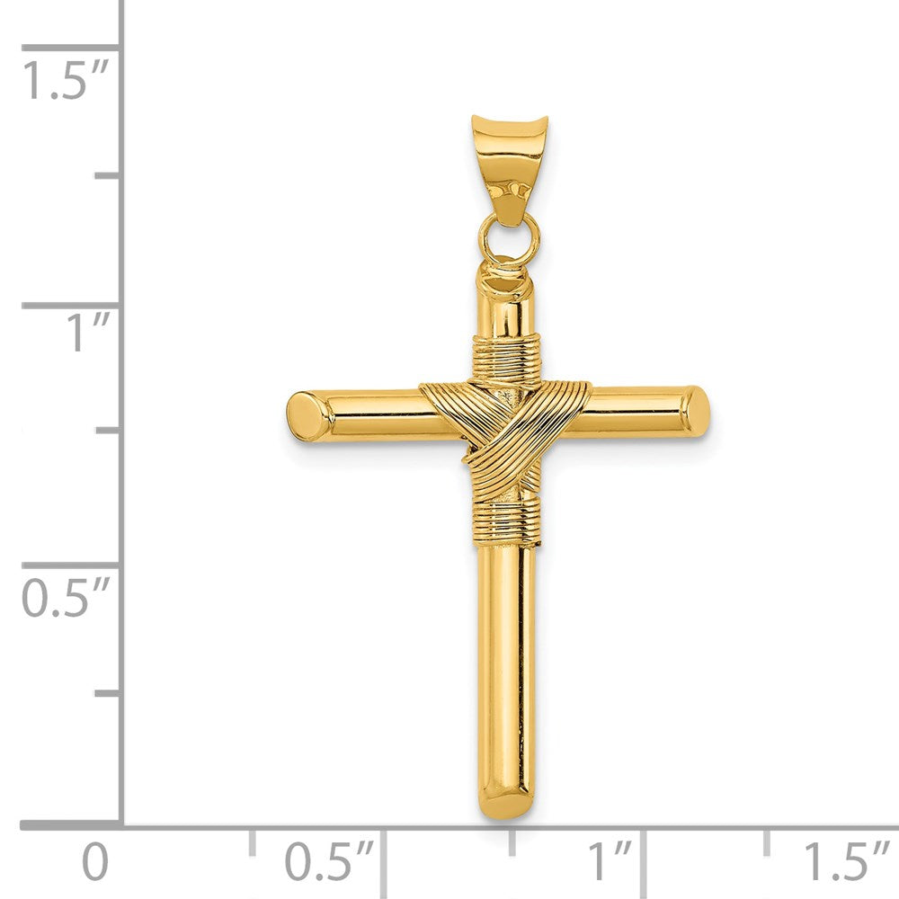 14K Gelbgold Kreuz-Anhänger, poliert, mit umwickelter Röhre in der Mitte