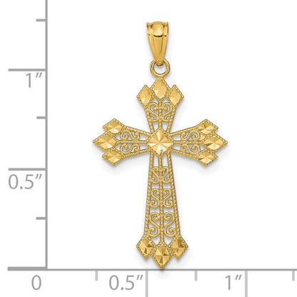 14K Gelbgold Diamantiert Poliert Filigran Kreuz Anhänger
