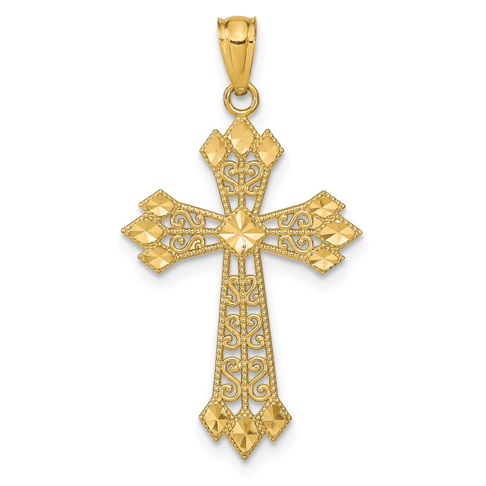 14K Gelbgold Diamantiert Poliert Filigran Kreuz Anhänger