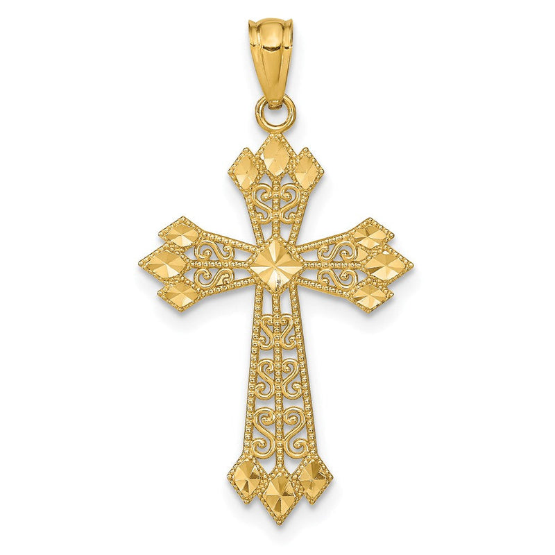 14K Gelbgold Diamantiert Poliert Filigran Kreuz Anhänger