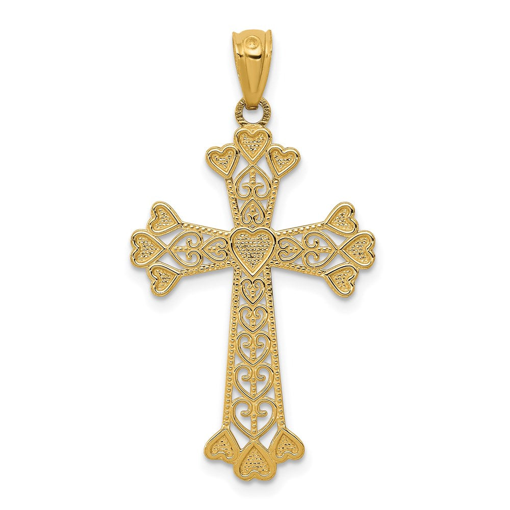 14K Gelbgold Diamantiert Poliert Filigran Herzen Kreuz Anhänger