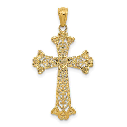 14K Gelbgold Diamantiert Poliert Filigran Herzen Kreuz Anhänger
