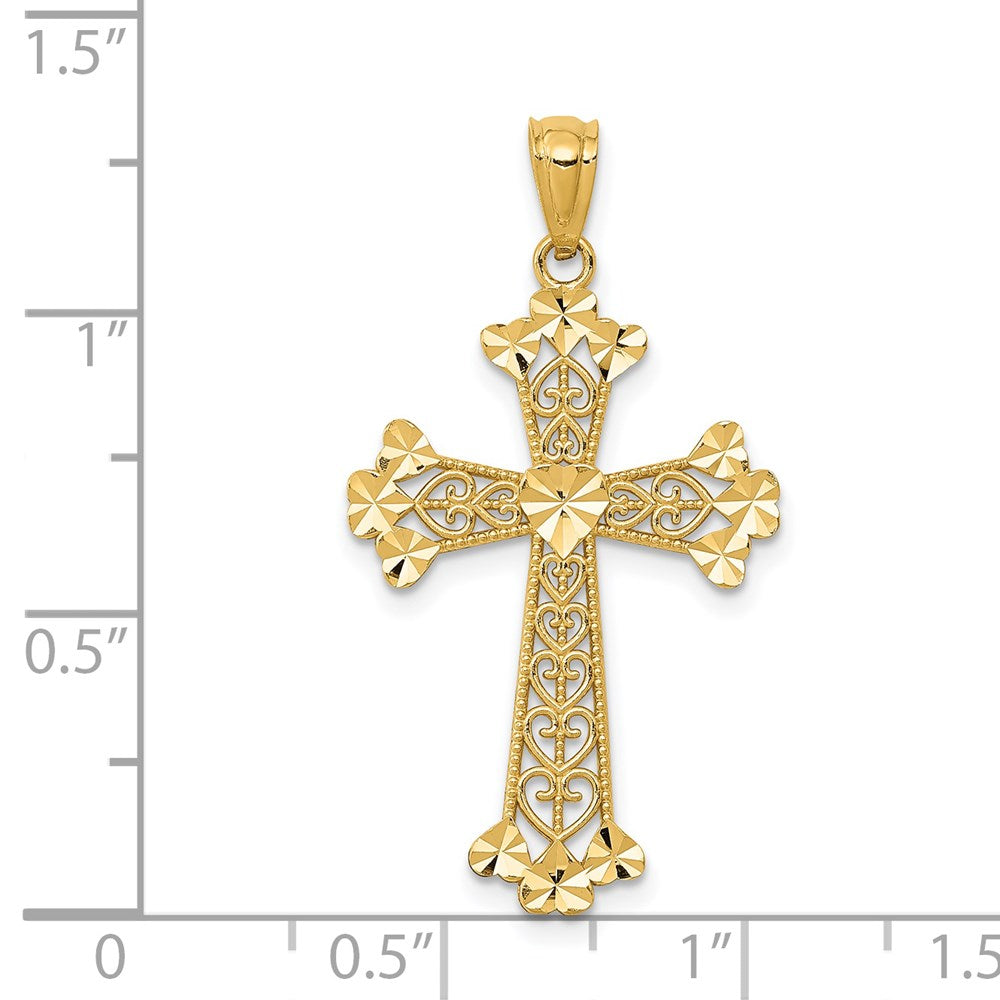 14K Gelbgold Diamantiert Poliert Filigran Herzen Kreuz Anhänger