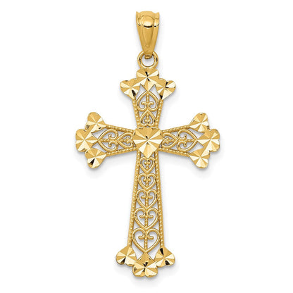 14K Gelbgold Diamantiert Poliert Filigran Herzen Kreuz Anhänger