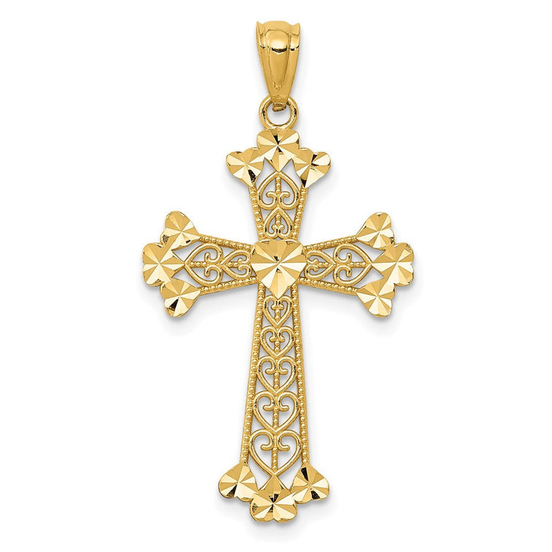 14K Gelbgold Diamantiert Poliert Filigran Herzen Kreuz Anhänger