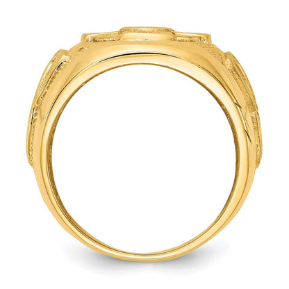 14K Gelbgold Herren-Ring mit keltischem Kreuz und grünem synthetischem Stein in der Mitte