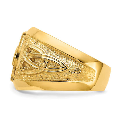 14K Gelbgold Herren-Ring mit keltischem Kreuz und grünem synthetischem Stein in der Mitte