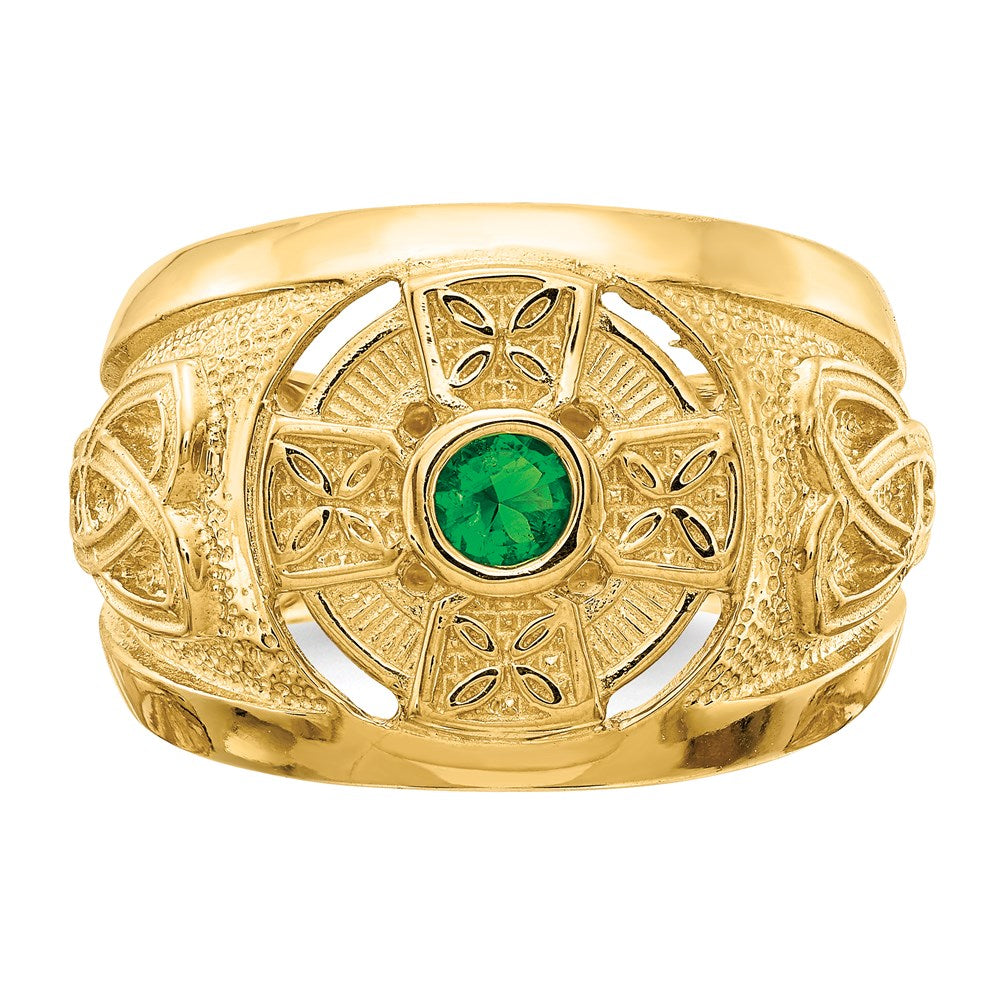 14K Gelbgold Herren-Ring mit keltischem Kreuz und grünem synthetischem Stein in der Mitte