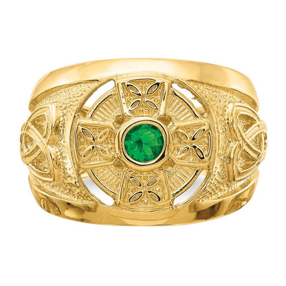 14K Gelbgold Herren-Ring mit keltischem Kreuz und grünem synthetischem Stein in der Mitte