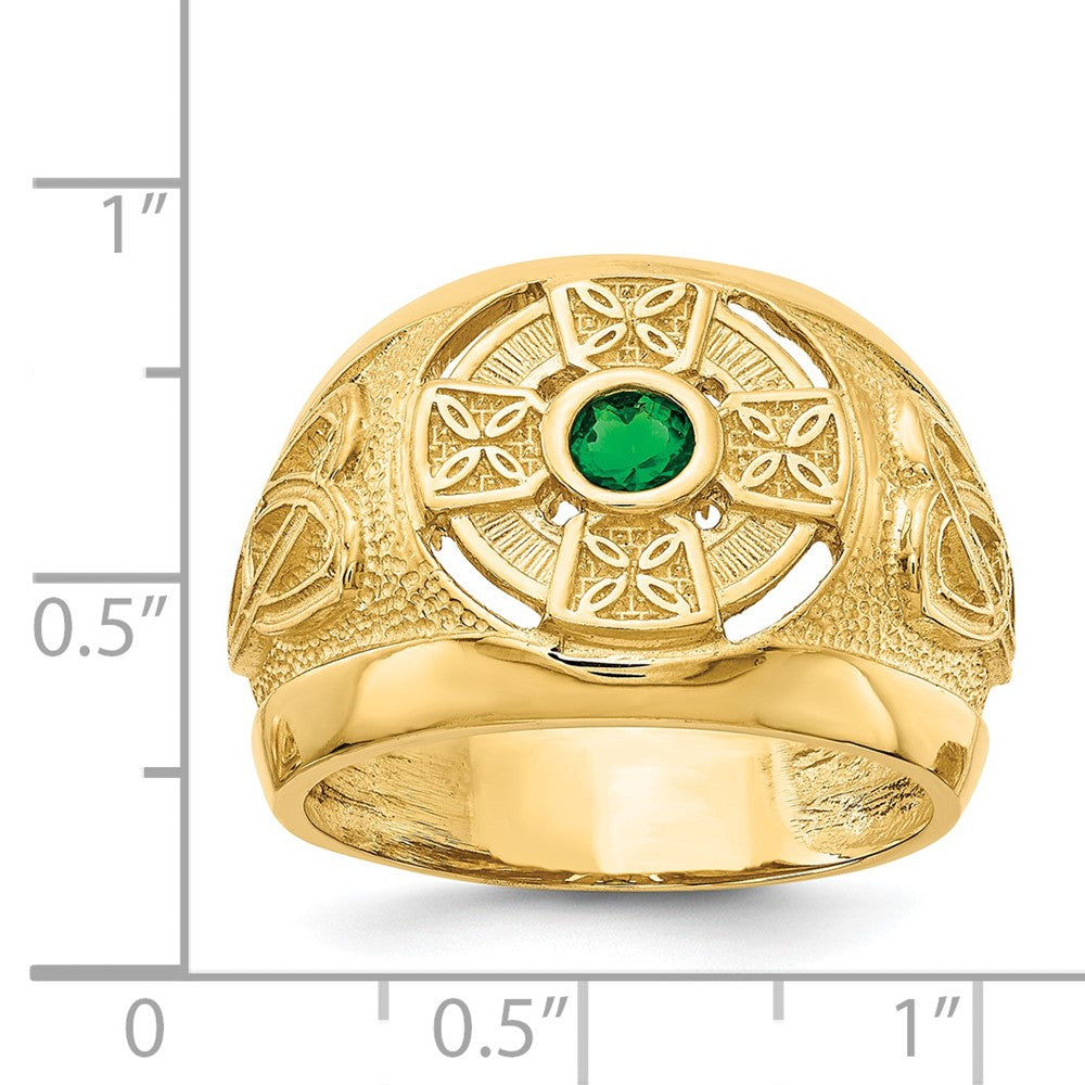 14K Gelbgold Herren-Ring mit keltischem Kreuz und grünem synthetischem Stein in der Mitte