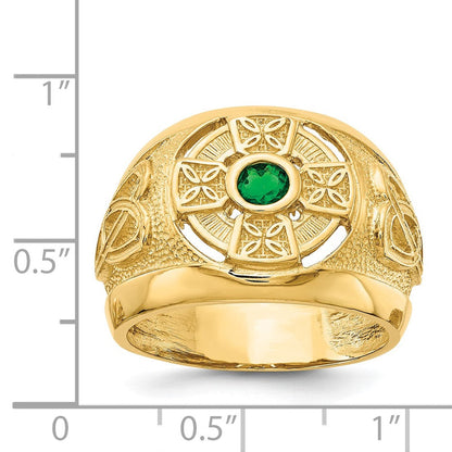 14K Gelbgold Herren-Ring mit keltischem Kreuz und grünem synthetischem Stein in der Mitte