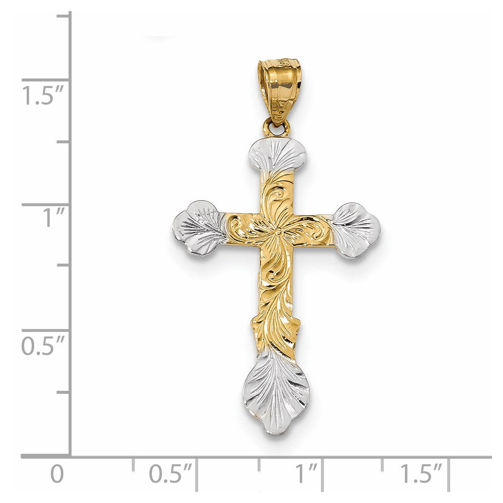 14 Karat Gelbgold mit Rhodium, Kreuzanhänger mit Rhodium-Wirbeldesign und Knospenenden