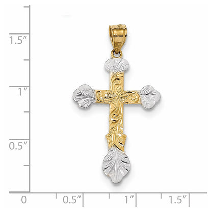 14 Karat Gelbgold mit Rhodium, Kreuzanhänger mit Rhodium-Wirbeldesign und Knospenenden