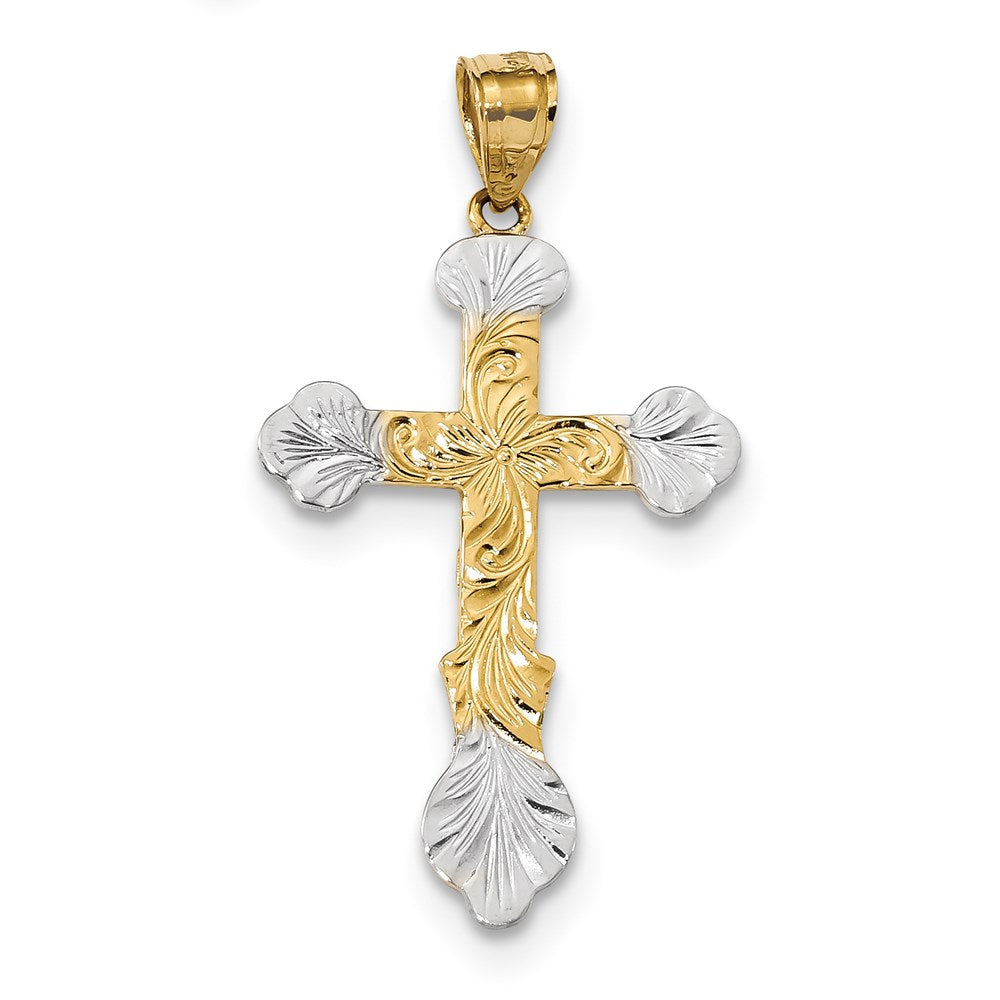 14 Karat Gelbgold mit Rhodium, Kreuzanhänger mit Rhodium-Wirbeldesign und Knospenenden