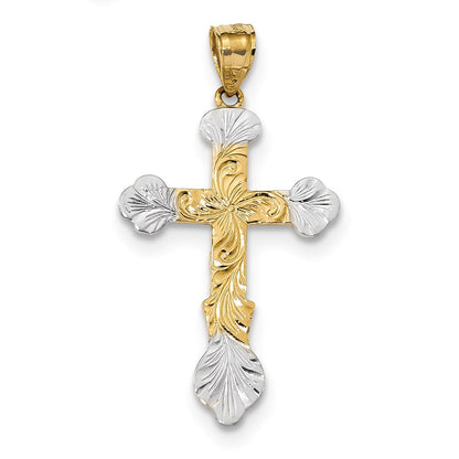 14 Karat Gelbgold mit Rhodium, Kreuzanhänger mit Rhodium-Wirbeldesign und Knospenenden