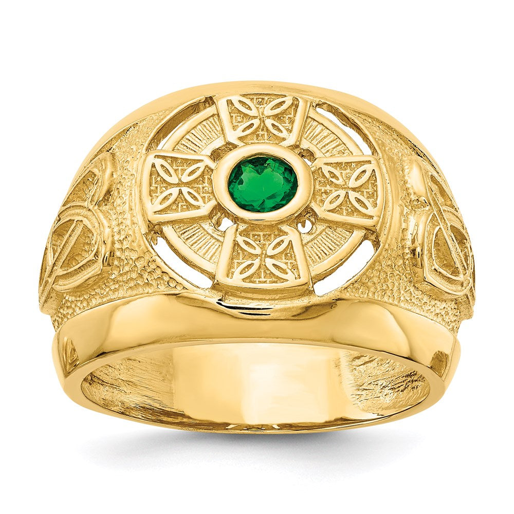 14K Gelbgold Herren-Ring mit keltischem Kreuz und grünem synthetischem Stein in der Mitte