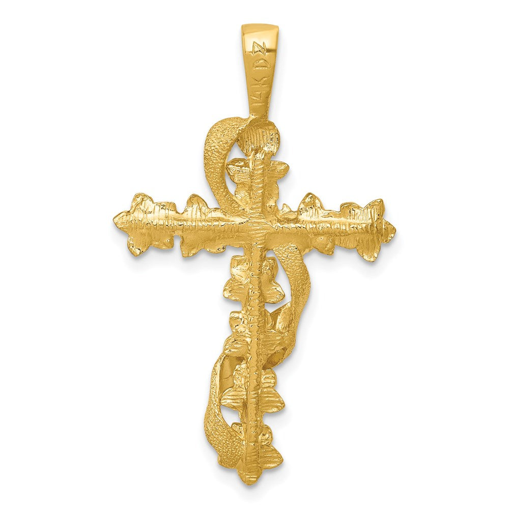 14K Gelbgold Kreuz-Anhänger mit Blume und Schleife, poliert und strukturiert