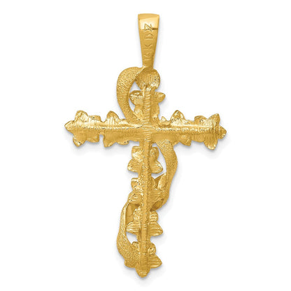 14K Gelbgold Kreuz-Anhänger mit Blume und Schleife, poliert und strukturiert