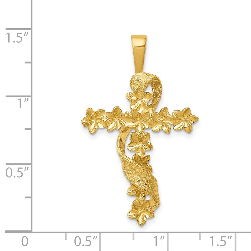 14K Gelbgold Kreuz-Anhänger mit Blume und Schleife, poliert und strukturiert